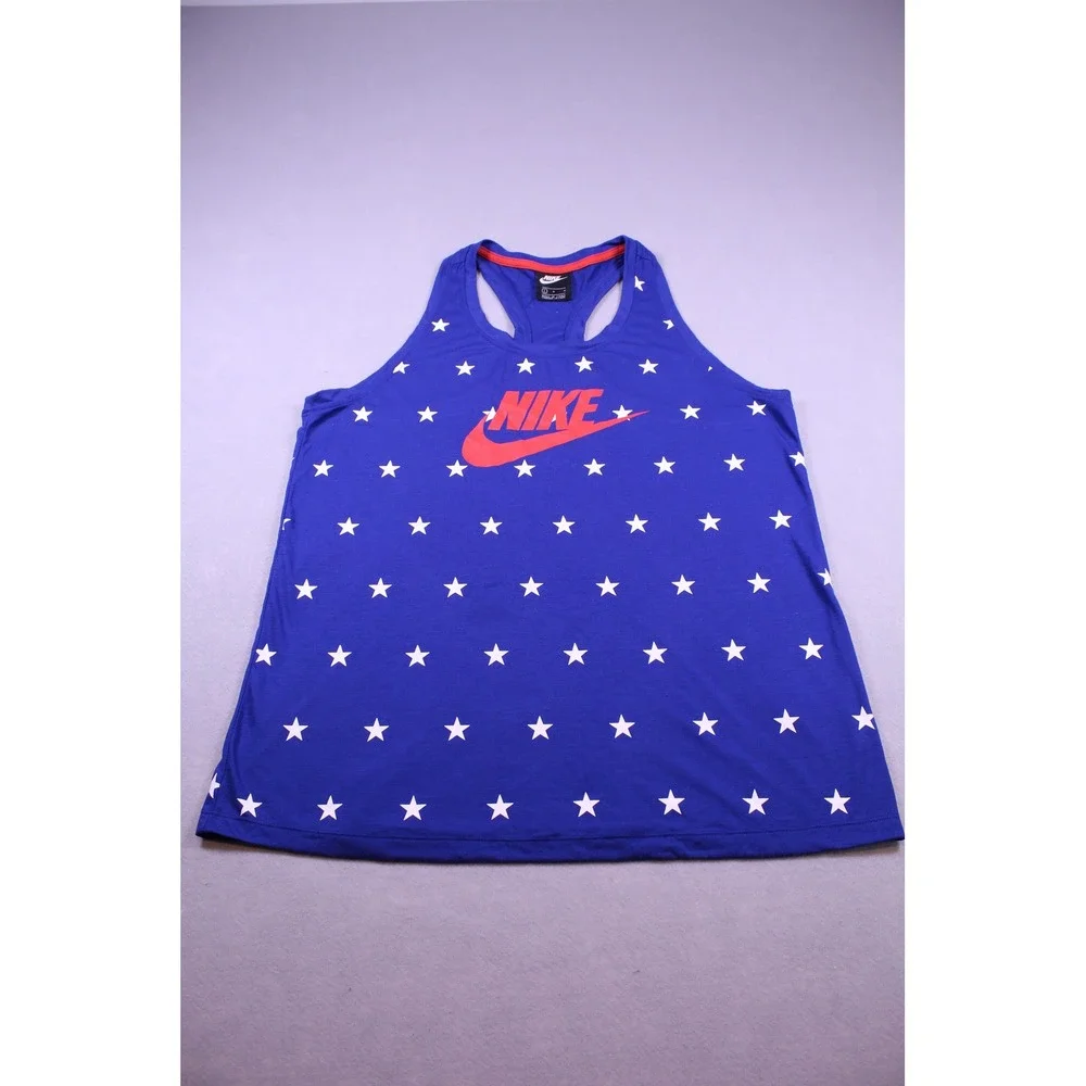 Nike Womens Blue Star Print Racerback Tank Top Orange Logo Size Large Patriotic